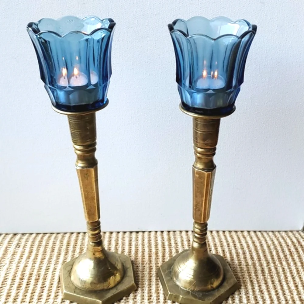 Vintage Brass Mid Century Candleholders Hexagonal Base Etched Floral 9